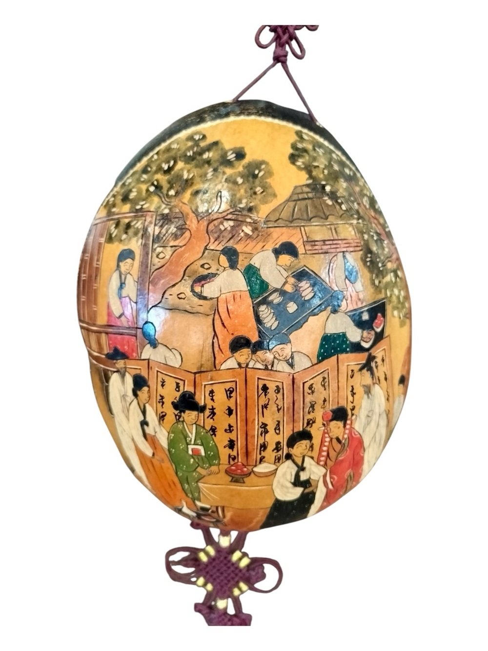 Vintage Korean Hanbok Folk Art Hand Painted Dried Gourd Wall Decor 13x11